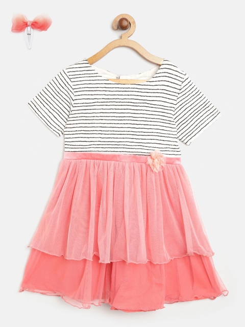 

Gini and Jony Girls Pink & White Striped Tiered Net Fit and Flare Dress