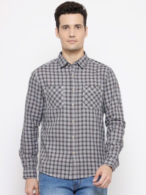 

People Men Navy Blue Slim Fit Checked Casual Shirt