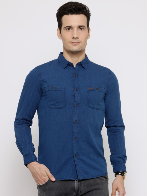 

People Men Blue Slim Fit Self-Design Casual Shirt