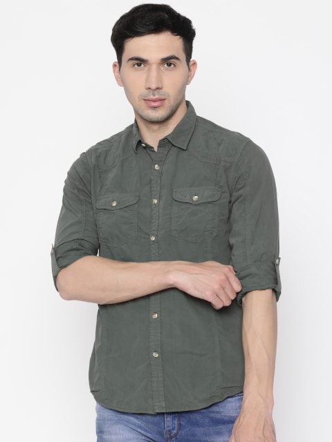 

People Men Olive Green Regular Fit Solid Casual Shirt