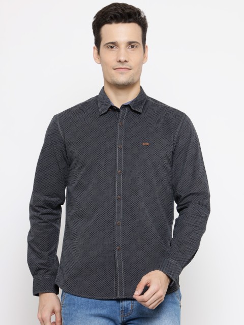 

People Men Grey & Navy Blue Slim Fit Self Design Casual Shirt