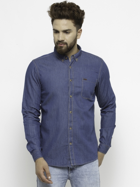

People Men Blue Solid Slim Fit Chambray Casual Shirt