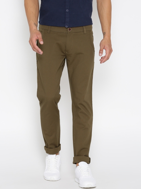 

People Men Olive Green Slim Fit Solid Trousers