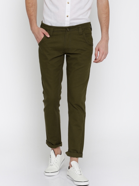 

People Men Olive Green Slim Fit Solid Regular Trousers