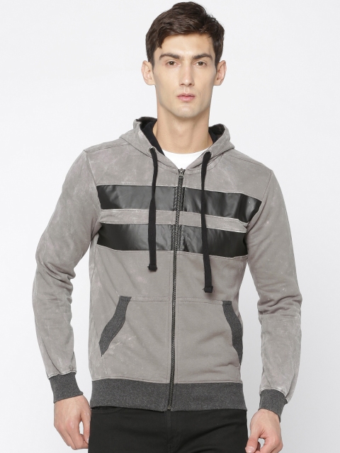 

People Men Grey Solid Hooded Sweatshirt