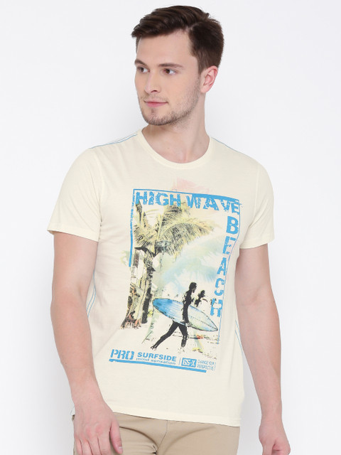 

People Men Cream-Coloured Printed Round Neck T-shirt
