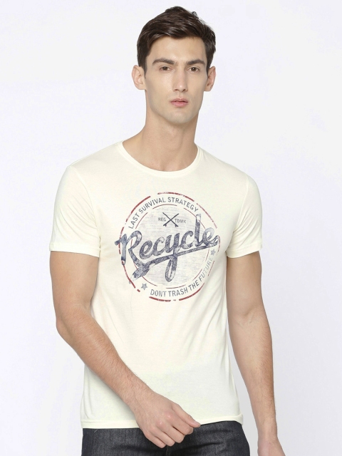 

People Men Cream Printed Round Neck T-shirt