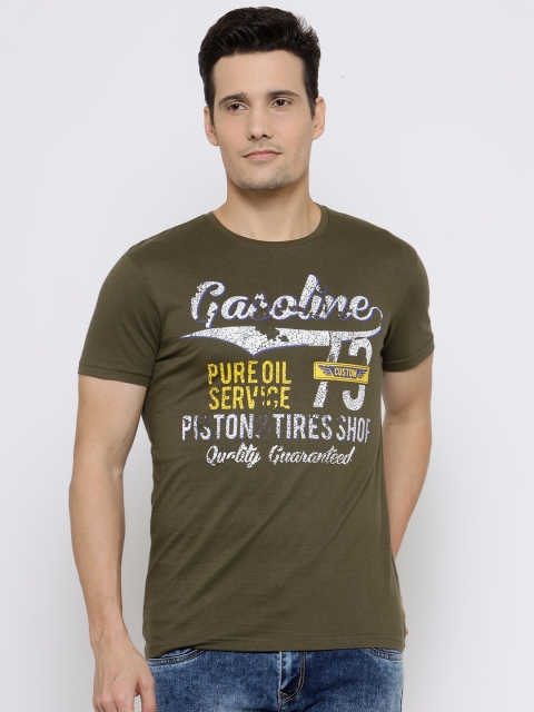 

People Men Olive Green Printed Round Neck T-shirt