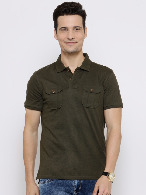 

People Men Olive Green Solid Polo Collar T-shirt