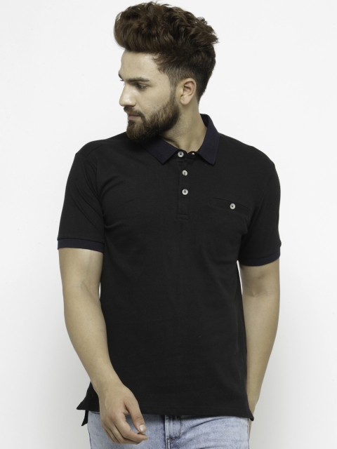 

People Men Black Solid Polo Collar T-shirt