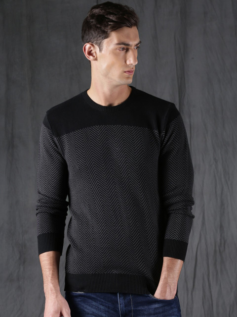 

WROGN Men Black & Grey Self-Design Pullover