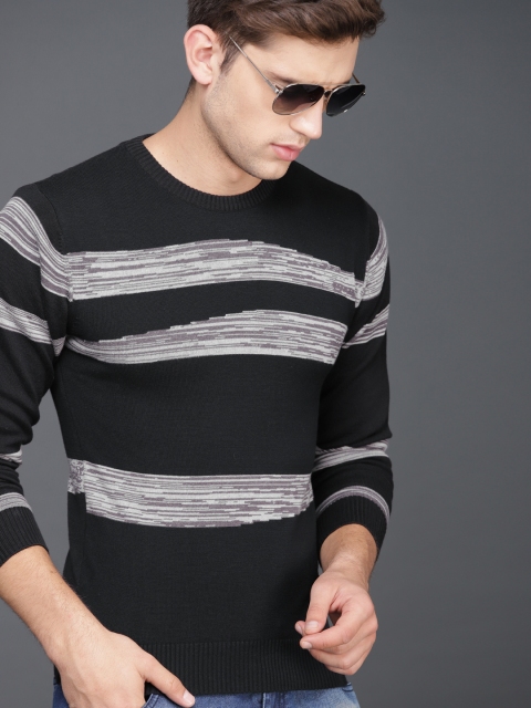 

WROGN Men Black & Grey Striped Sweater