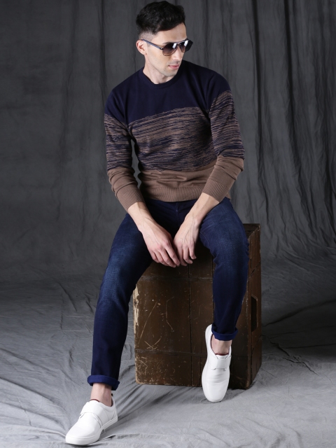 

WROGN Men Brown & Navy Self Design Sweater