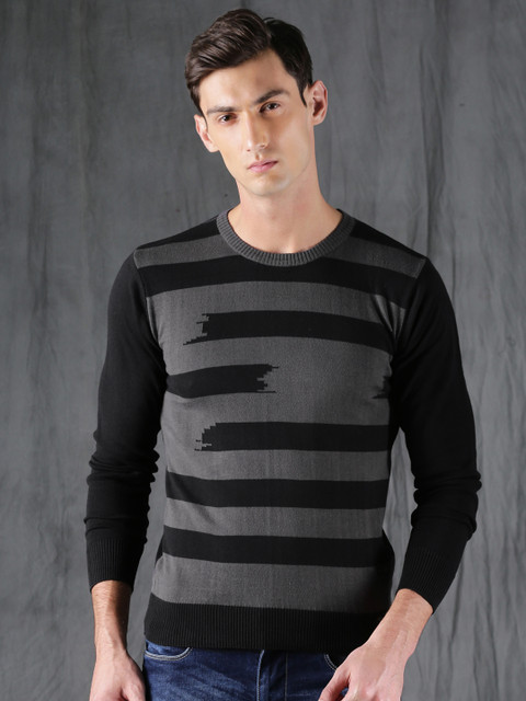 

WROGN Men Grey & Black Striped Pullover