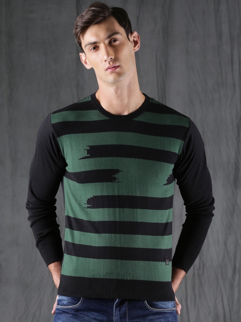 

WROGN Men Green & Black Striped Pullover