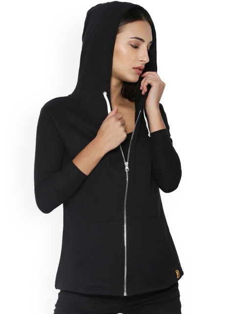 

Campus Sutra Women Black Solid Hooded Sweatshirt
