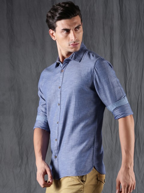 

WROGN Men Blue Slim Fit Self Design Casual Shirt