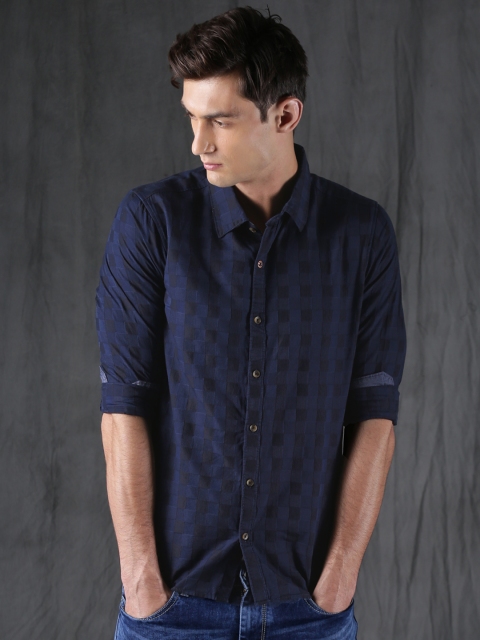 

WROGN Men Navy & Black Slim Fit Checked Casual Shirt, Navy blue