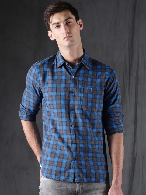 

WROGN Men Blue & Grey Slim Fit Checked Casual Shirt