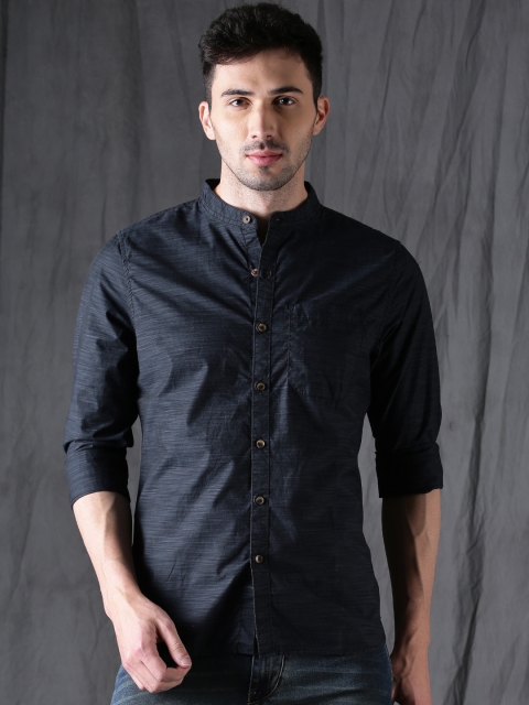 

WROGN Men Navy Blue Slim Fit Self Design Casual Shirt