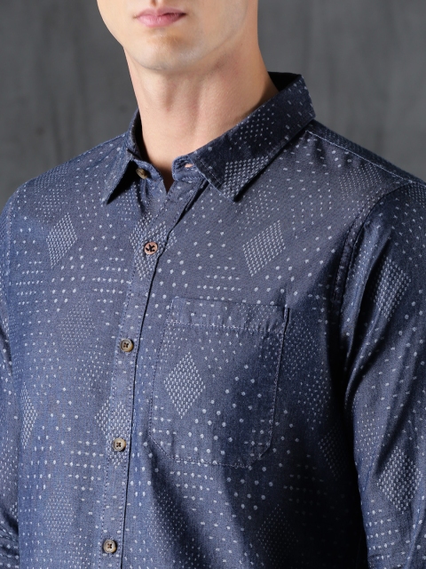 

WROGN Men Navy Slim Fit Printed Casual Shirt, Navy blue