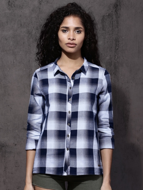 

Roadster Women Blue & White Regular Fit Checked Casual Shirt