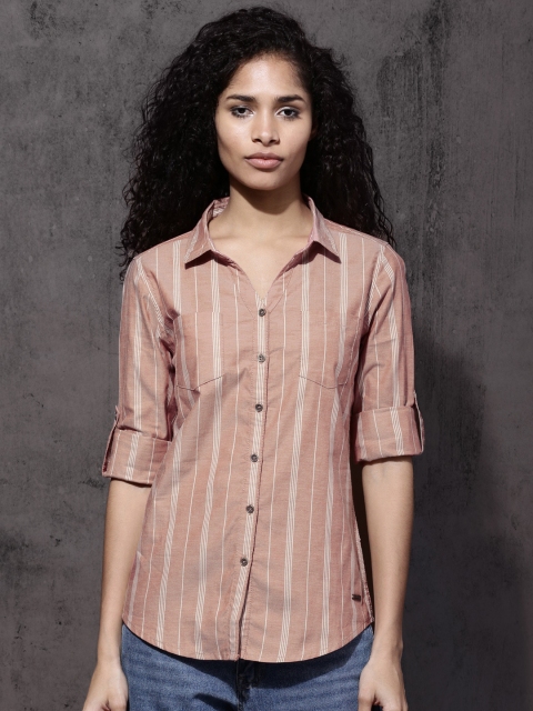 

Roadster Women Red & Off-White Slim Fit Striped Casual Shirt