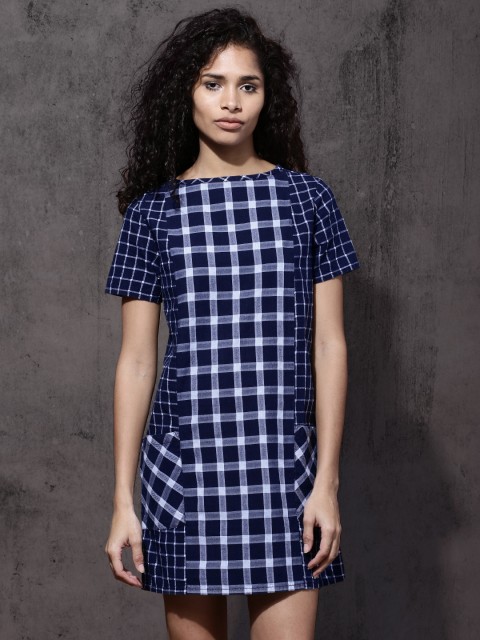 

Roadster Women Navy Blue & White Checked A-Line Dress