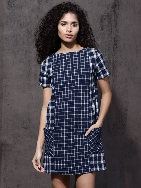 

Roadster Women Navy Blue Checked A-Line Dress