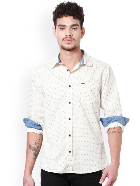 

People Men Cream-Coloured Slim Fit Printed Casual Shirt