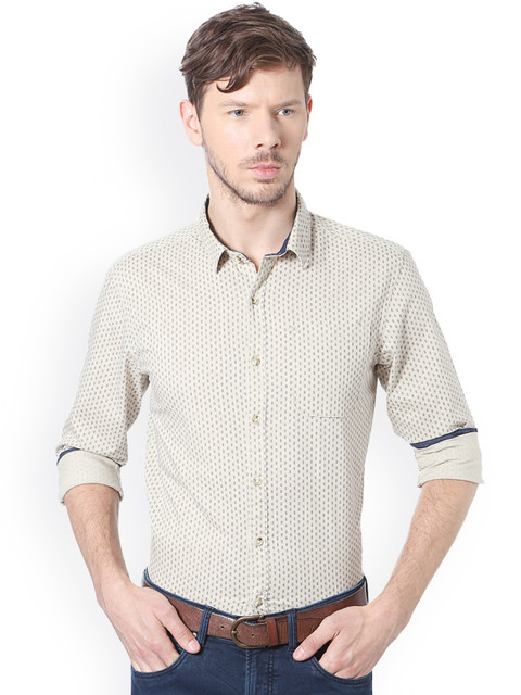 

People Men Beige Slim Fit Printed Casual Shirt
