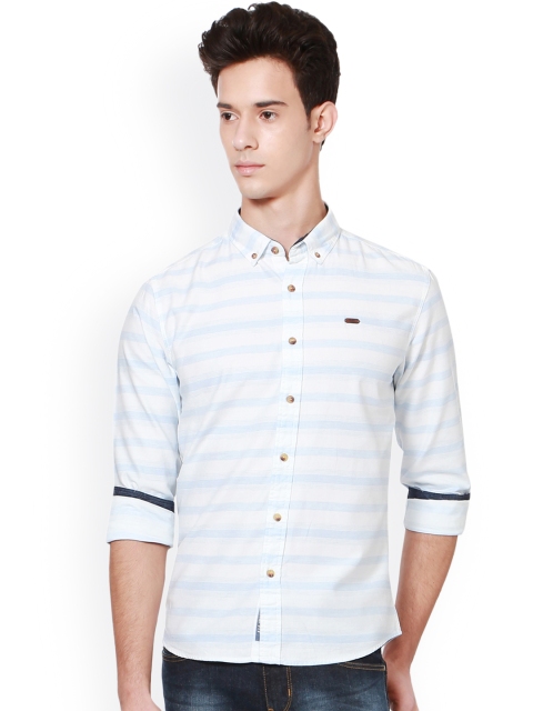

People Men White & Blue Slim Fit Striped Casual Shirt
