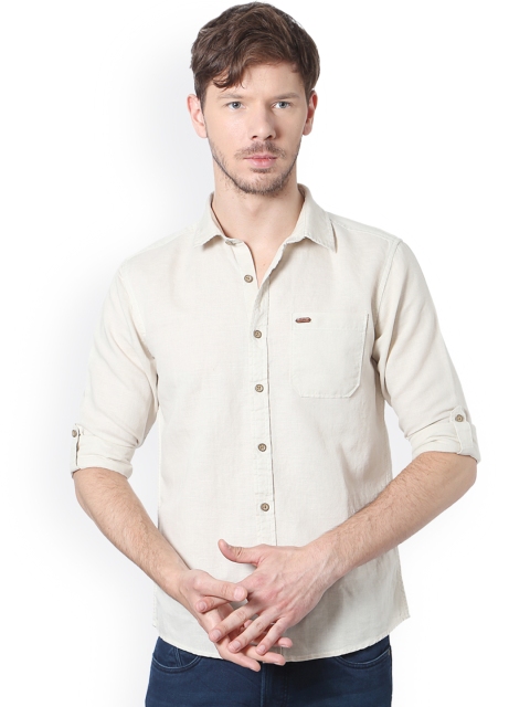 

People Men Cream-Coloured Slim Fit Solid Casual Shirt