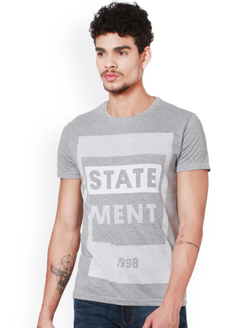

People Men Grey Printed Round Neck T-shirt
