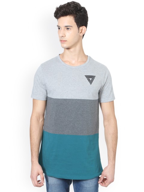 

People Men Teal Blue & Grey Colourblocked Round Neck T-shirt