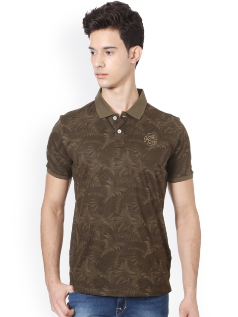 

People Men Olive Green Printed Polo Collar T-shirt