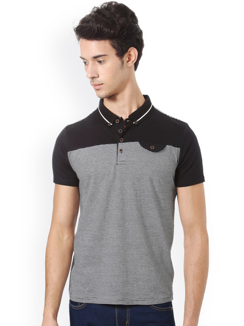 

People Men Black & White Striped Polo Collar T-shirt