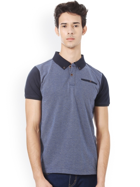 

People Men Blue Self Design Polo Collar T-shirt