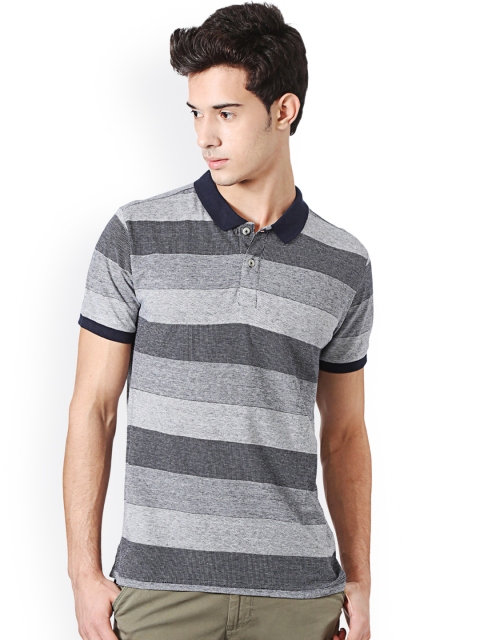 

People Men Grey Striped Polo Collar T-shirt