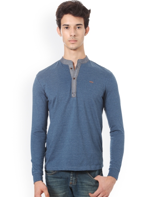 

People Men Blue Solid Mandarin Collar T-shirt