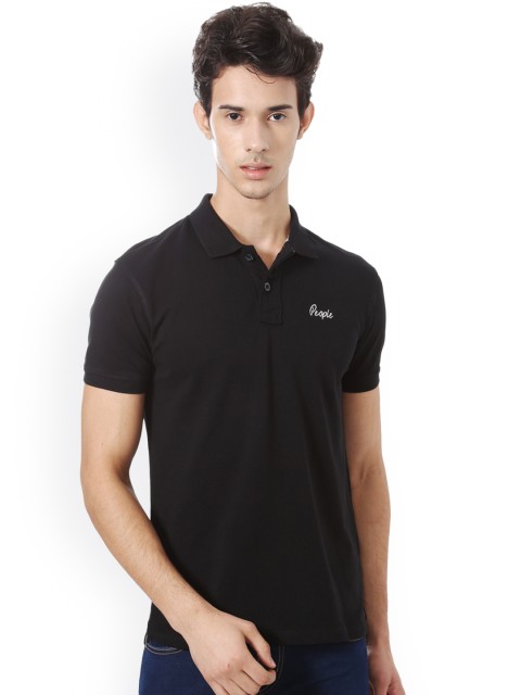 

People Men Black Solid Polo Collar T-shirt