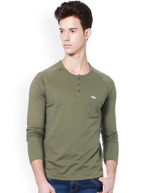 

People Men Olive Green Solid Henley Neck T-shirt