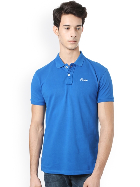 

People Men Blue Solid Polo Collar T-shirt
