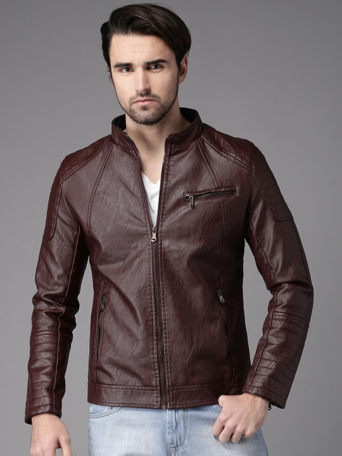 

HERE&NOW Men Burgundy Solid Biker Jacket