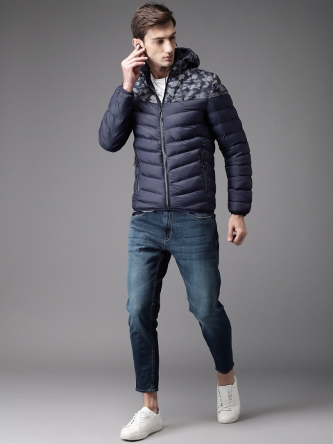 

HERE&NOW Men Navy Printed Hooded Puffer Jacket, Navy blue