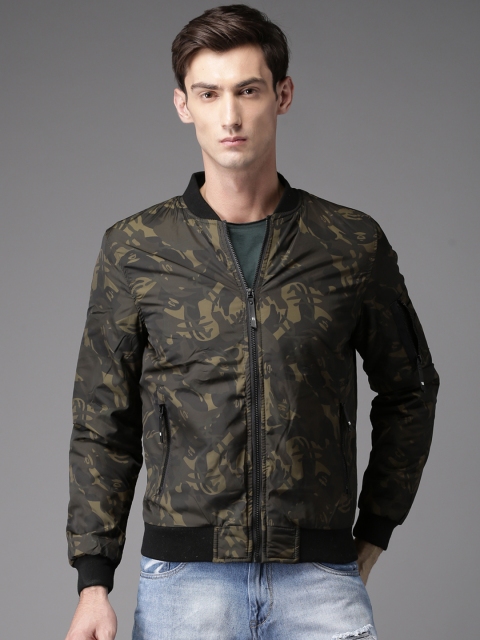 

HERE&NOW Men Olive Green Printed Bomber