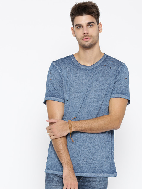 

FOREVER 21 Men Blue Washed Round Neck T-shirt