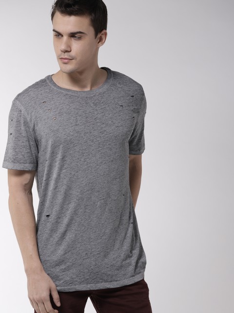 

FOREVER 21 Men Grey Melange Solid Round Neck T-shirt with Cut-Outs