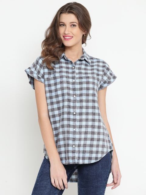 

FOREVER 21 Women Blue & Grey Regular Fit Checked Casual Shirt
