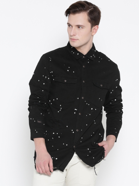 

FOREVER 21 Men Black Paint Splatter Denim Shirt